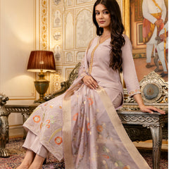 Women's Viscose Simer Embroidered Kurta with Bottom & Jacquard Organza Dupatta Set