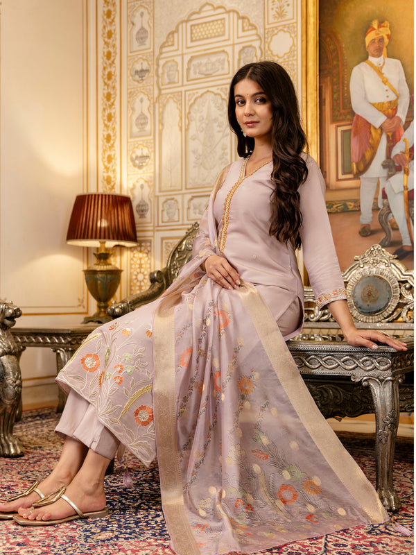 Women's Viscose Simer Embroidered Kurta with Bottom & Jacquard Organza Dupatta Set