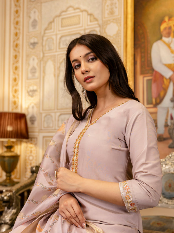 Women's Viscose Simer Embroidered Kurta with Bottom & Jacquard Organza Dupatta Set