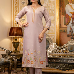 Women's Viscose Simer Embroidered Kurta with Bottom & Jacquard Organza Dupatta Set