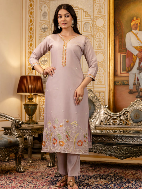 Women's Viscose Simer Embroidered Kurta with Bottom & Jacquard Organza Dupatta Set