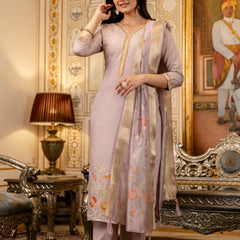 Women's Viscose Simer Embroidered Kurta with Bottom & Jacquard Organza Dupatta Set