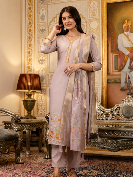 Women's Viscose Simer Embroidered Kurta with Bottom & Jacquard Organza Dupatta Set