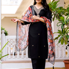 Women's Viscose Chanderi Embroidered Kurta with Bottom & Jacquard Organza Dupatta Set