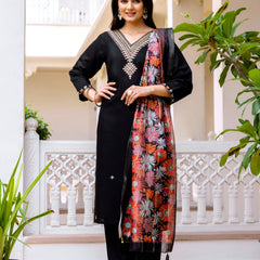 Women's Viscose Chanderi Embroidered Kurta with Bottom & Jacquard Organza Dupatta Set