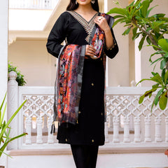 Women's Viscose Chanderi Embroidered Kurta with Bottom & Jacquard Organza Dupatta Set
