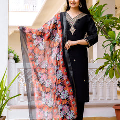 Women's Viscose Chanderi Embroidered Kurta with Bottom & Jacquard Organza Dupatta Set