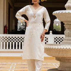 Women's Viscose Chanderi Embroidered Kurta with Bottom & Jacquard Organza Dupatta Set
