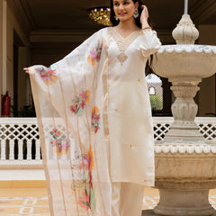 Women's Viscose Chanderi Embroidered Kurta with Bottom & Jacquard Organza Dupatta Set