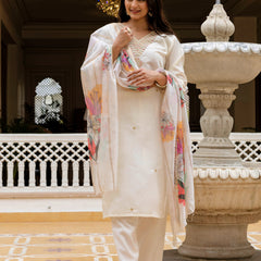 Women's Viscose Chanderi Embroidered Kurta with Bottom & Jacquard Organza Dupatta Set