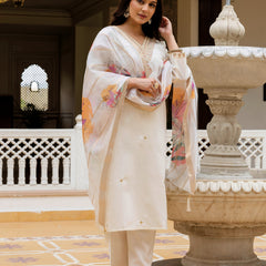 Women's Viscose Chanderi Embroidered Kurta with Bottom & Jacquard Organza Dupatta Set