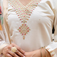Women's Viscose Chanderi Embroidered Kurta with Bottom & Jacquard Organza Dupatta Set