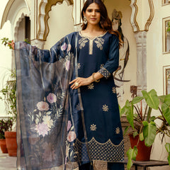 Women's Viscose Chanderi Embroidered Kurta with Bottom & Jacquard Organza Dupatta Set