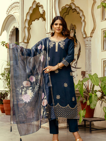Women's Viscose Chanderi Embroidered Kurta with Bottom & Jacquard Organza Dupatta Set