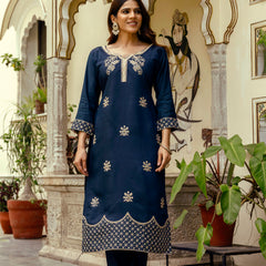 Women's Viscose Chanderi Embroidered Kurta with Bottom & Jacquard Organza Dupatta Set