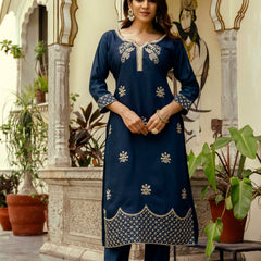 Women's Viscose Chanderi Embroidered Kurta with Bottom & Jacquard Organza Dupatta Set