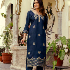 Women's Viscose Chanderi Embroidered Kurta with Bottom & Jacquard Organza Dupatta Set