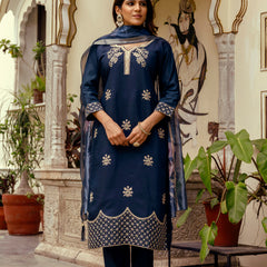 Women's Viscose Chanderi Embroidered Kurta with Bottom & Jacquard Organza Dupatta Set
