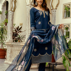 Women's Viscose Chanderi Embroidered Kurta with Bottom & Jacquard Organza Dupatta Set