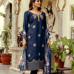 Women's Viscose Chanderi Embroidered Kurta with Bottom & Jacquard Organza Dupatta Set