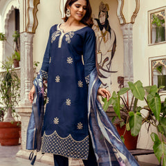 Women's Viscose Chanderi Embroidered Kurta with Bottom & Jacquard Organza Dupatta Set