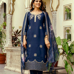 Women's Viscose Chanderi Embroidered Kurta with Bottom & Jacquard Organza Dupatta Set