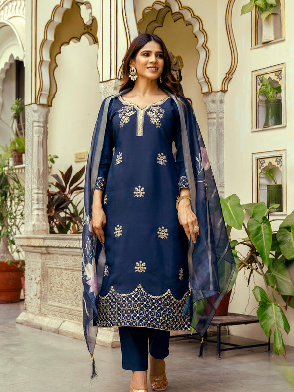 Women's Viscose Chanderi Embroidered Kurta with Bottom & Jacquard Organza Dupatta Set