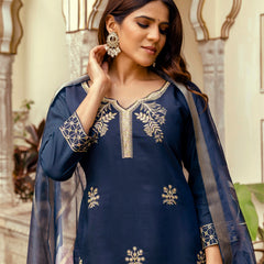 Women's Viscose Chanderi Embroidered Kurta with Bottom & Jacquard Organza Dupatta Set