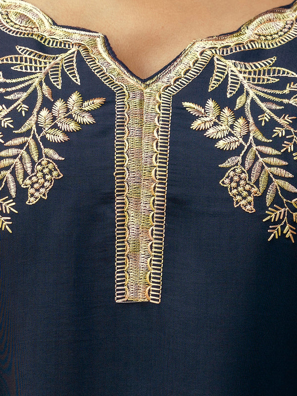 Women's Viscose Chanderi Embroidered Kurta with Bottom & Jacquard Organza Dupatta Set