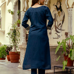 Women's Viscose Chanderi Embroidered Kurta with Bottom & Jacquard Organza Dupatta Set