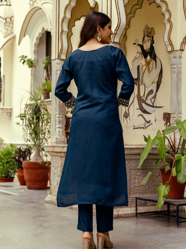 Women's Viscose Chanderi Embroidered Kurta with Bottom & Jacquard Organza Dupatta Set