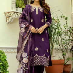 Women's Viscose Chanderi Embroidered Kurta with Bottom & Jacquard Organza Dupatta Set