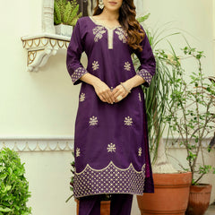 Women's Viscose Chanderi Embroidered Kurta with Bottom & Jacquard Organza Dupatta Set