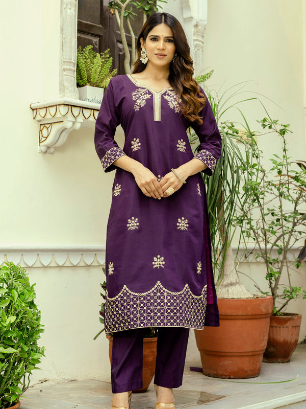Women's Viscose Chanderi Embroidered Kurta with Bottom & Jacquard Organza Dupatta Set