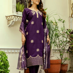 Women's Viscose Chanderi Embroidered Kurta with Bottom & Jacquard Organza Dupatta Set