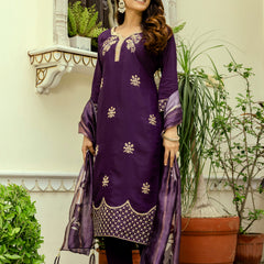 Women's Viscose Chanderi Embroidered Kurta with Bottom & Jacquard Organza Dupatta Set