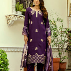 Women's Viscose Chanderi Embroidered Kurta with Bottom & Jacquard Organza Dupatta Set