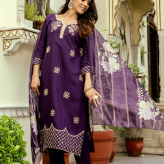 Women's Viscose Chanderi Embroidered Kurta with Bottom & Jacquard Organza Dupatta Set