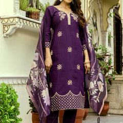 Women's Viscose Chanderi Embroidered Kurta with Bottom & Jacquard Organza Dupatta Set