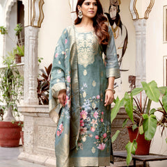 Women's Chanderi Cotton Printed Woven Design Kurta with Viscose Gadhwal Bottom & Dupatta Set