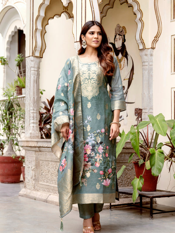 Women's Chanderi Cotton Printed Woven Design Kurta with Viscose Gadhwal Bottom & Dupatta Set