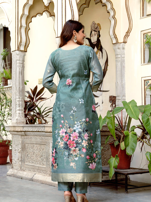 Women's Chanderi Cotton Printed Woven Design Kurta with Viscose Gadhwal Bottom & Dupatta Set