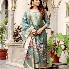 Women's Chanderi Cotton Printed Woven Design Kurta with Viscose Gadhwal Bottom & Dupatta Set