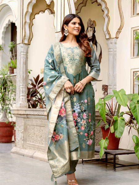 Women's Chanderi Cotton Printed Woven Design Kurta with Viscose Gadhwal Bottom & Dupatta Set