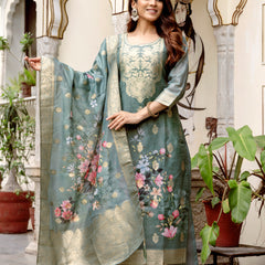 Women's Chanderi Cotton Printed Woven Design Kurta with Viscose Gadhwal Bottom & Dupatta Set