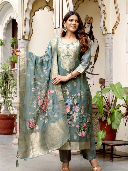 Women's Chanderi Cotton Printed Woven Design Kurta with Viscose Gadhwal Bottom & Dupatta Set