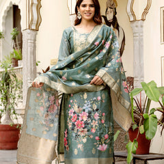Women's Chanderi Cotton Printed Woven Design Kurta with Viscose Gadhwal Bottom & Dupatta Set