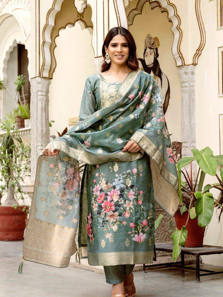 Women's Chanderi Cotton Printed Woven Design Kurta with Viscose Gadhwal Bottom & Dupatta Set