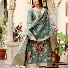 Women's Chanderi Cotton Printed Woven Design Kurta with Viscose Gadhwal Bottom & Dupatta Set