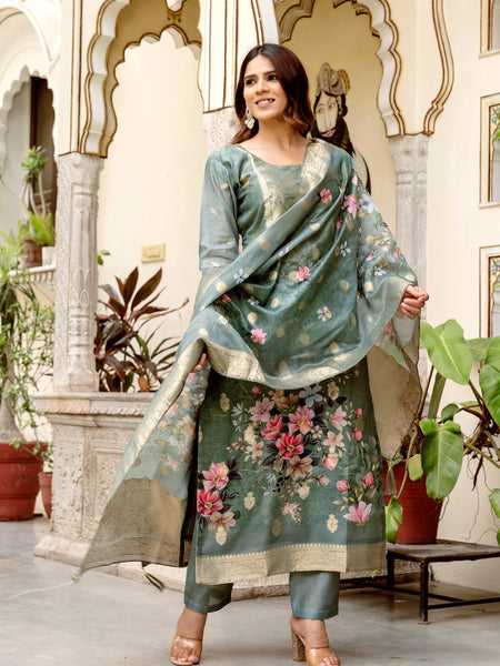 Women's Chanderi Cotton Printed Woven Design Kurta with Viscose Gadhwal Bottom & Dupatta Set